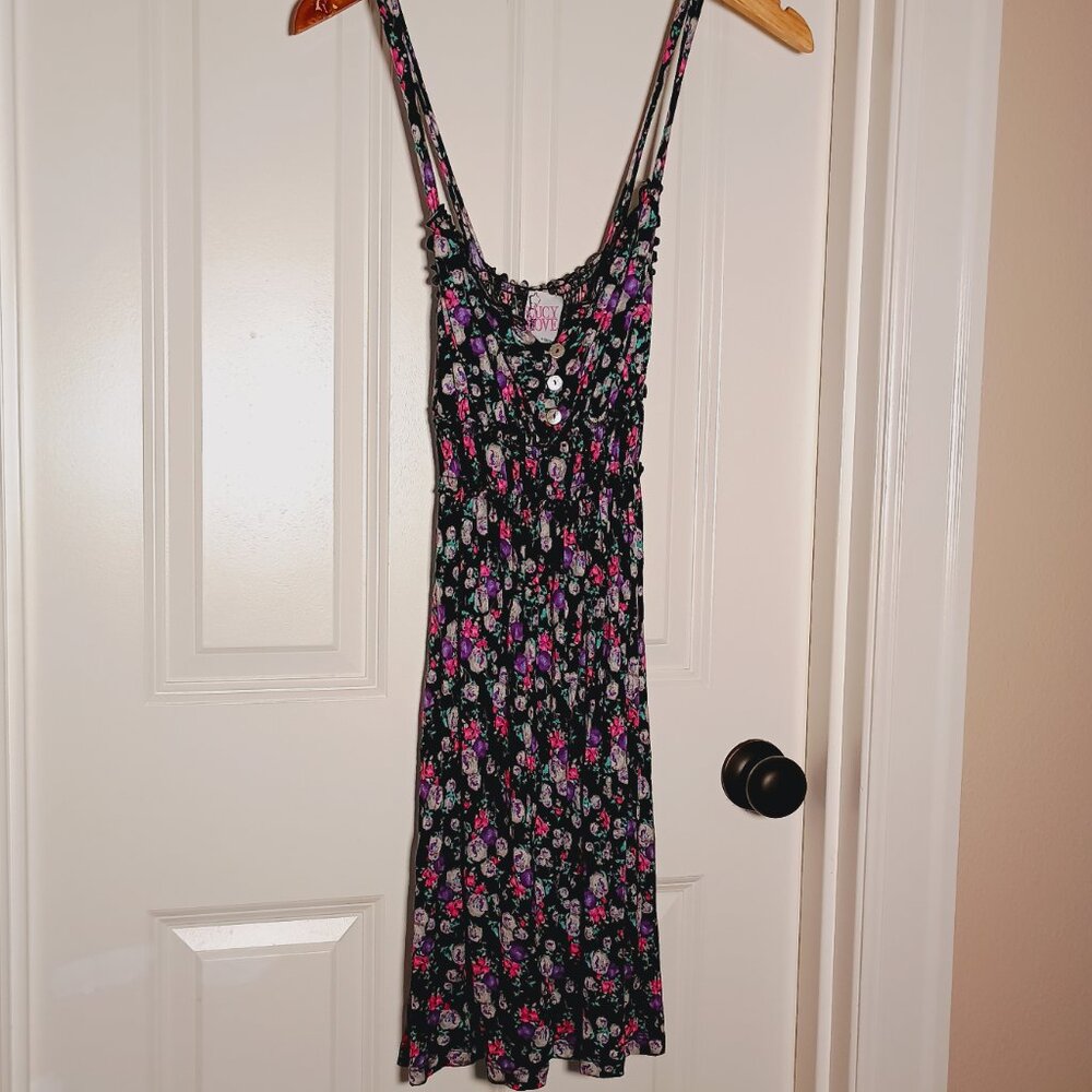 Lucy Love Black Neon Floral Mini Dress Women’s XL Stretchy Goth Grunge